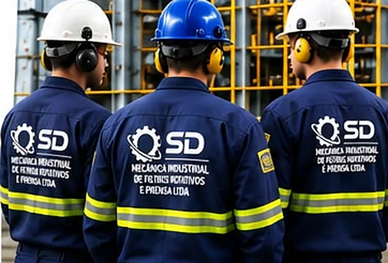 Equipe técnica da SD Mecânica uniformizada em área industrial